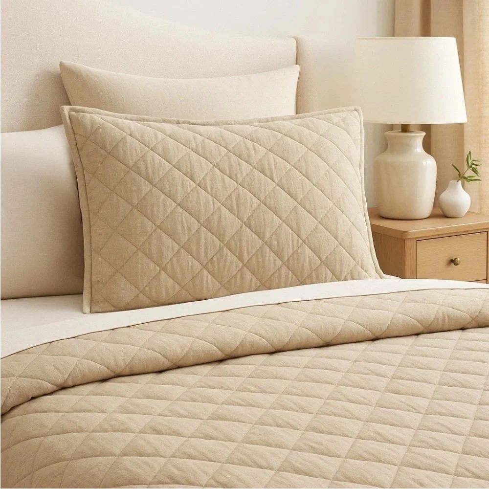 2 Pottery Barn Pick Stitch Standard Pillow Shams Linen CTN Quilted CottageCore